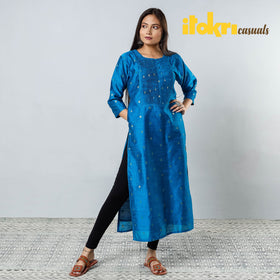 Buy Polka Zari Butta Spun Dupion Silk Long Kurta for Women