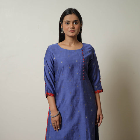 Buy Blue Polka Zari Butta Spun Dupion Silk Straight Plain Kurta 