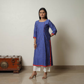 Buy Blue Polka Zari Butta Spun Dupion Silk Straight Plain Kurta 