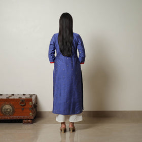Buy Blue Polka Zari Butta Spun Dupion Silk Straight Plain Kurta 
