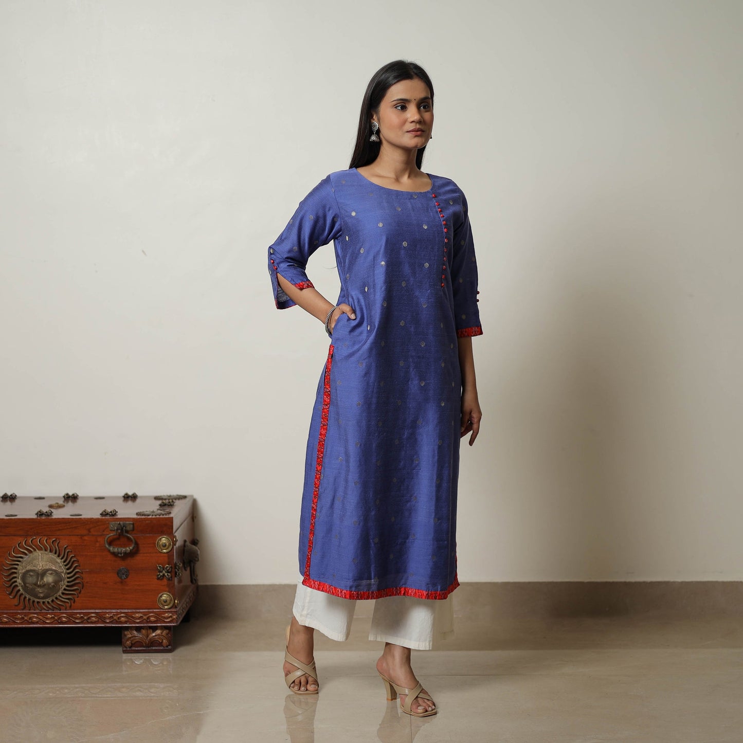 Buy Blue Polka Zari Butta Spun Dupion Silk Straight Plain Kurta 