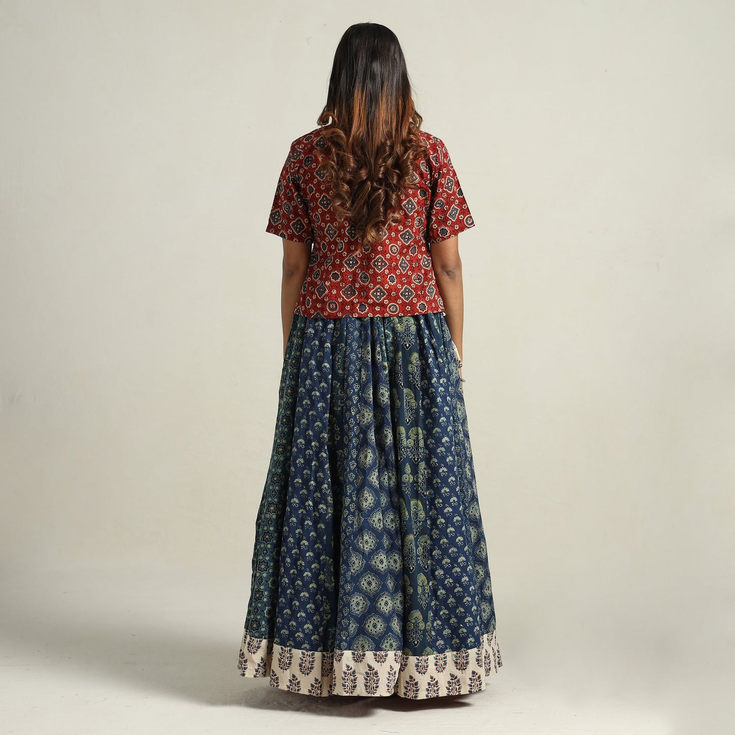  Ajrakh Block Printed 24 Kali Patchwork Cotton Long Skirt 32 
