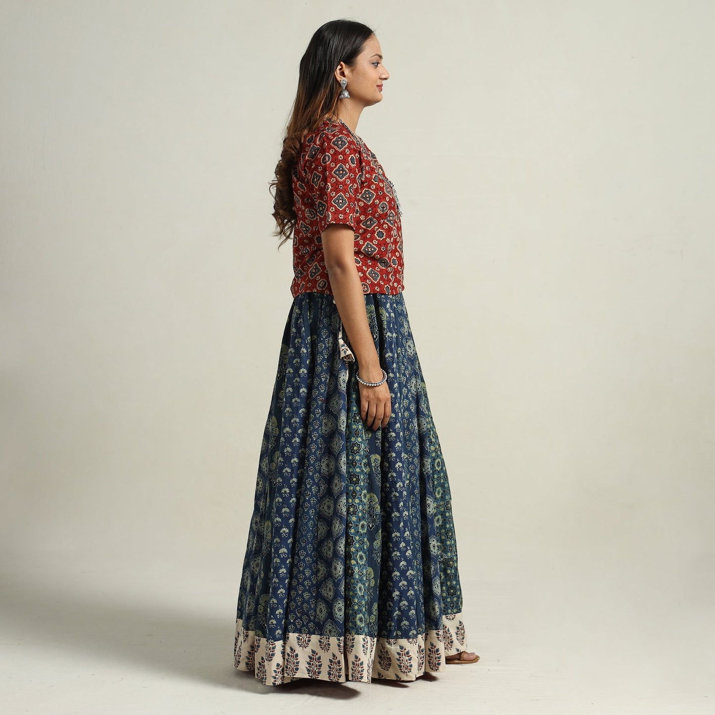  Ajrakh Block Printed 24 Kali Patchwork Cotton Long Skirt 32 