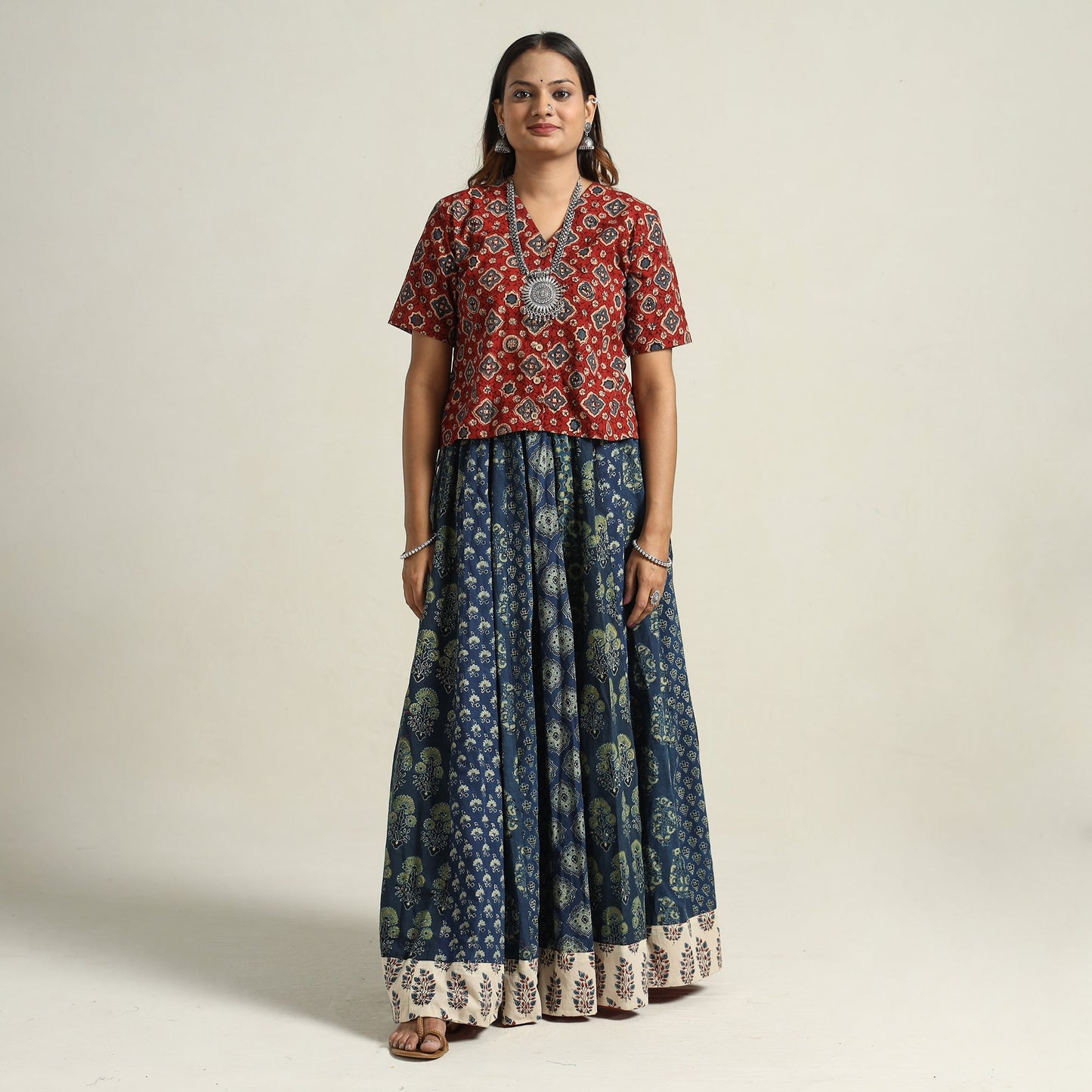  Ajrakh Block Printed 24 Kali Patchwork Cotton Long Skirt 32 