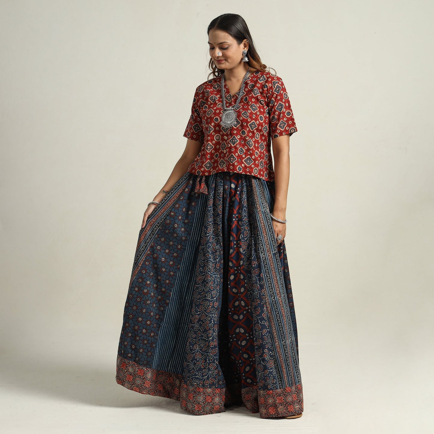  Ajrakh Block Printed 24 Kali Patchwork Cotton Long Skirt 35 
