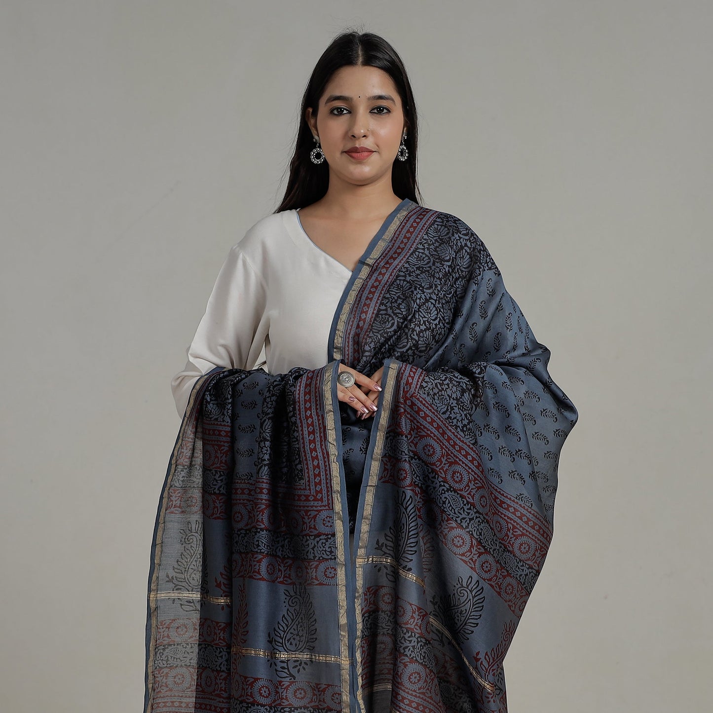 Buy Block Printed Chanderi Silk Bagh Dupatta