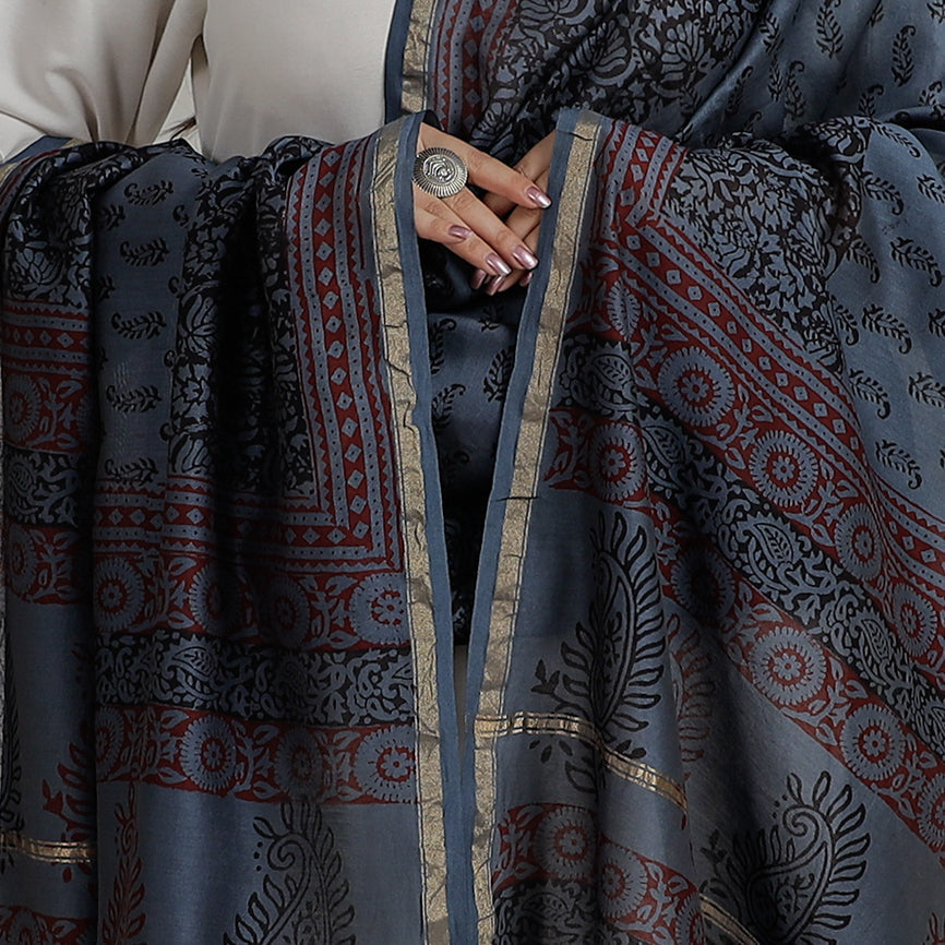 Buy Block Printed Chanderi Silk Bagh Dupatta