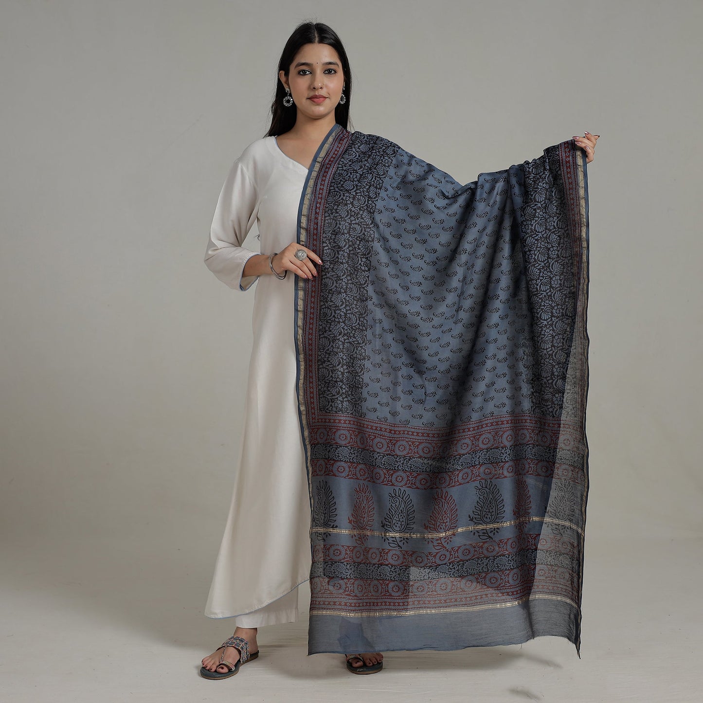 Buy Block Printed Chanderi Silk Bagh Dupatta