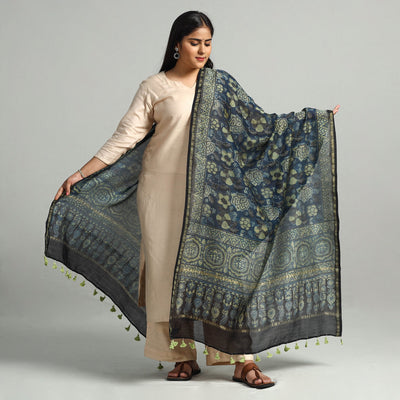 Buy Block Printed Chanderi Silk Handloom Ajrakh Dupatta