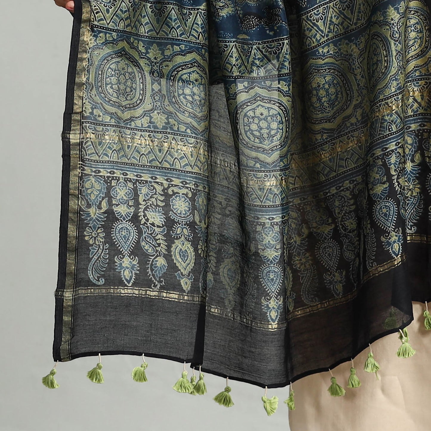 Buy Block Printed Chanderi Silk Handloom Ajrakh Dupatta