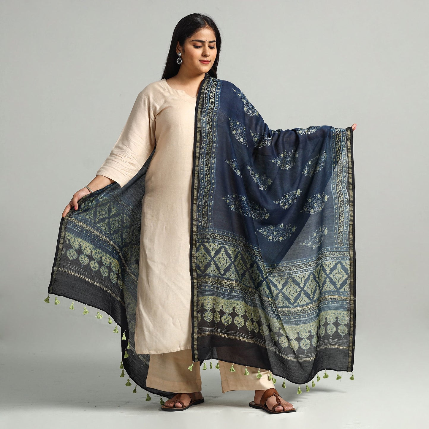 Buy Block Printed Chanderi Silk Handloom Ajrakh Dupatta