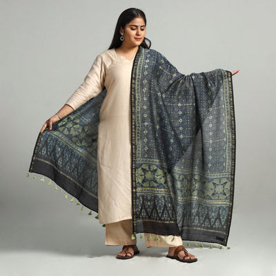 Blue - Block Printed Chanderi Silk Handloom Ajrakh Dupatta 15