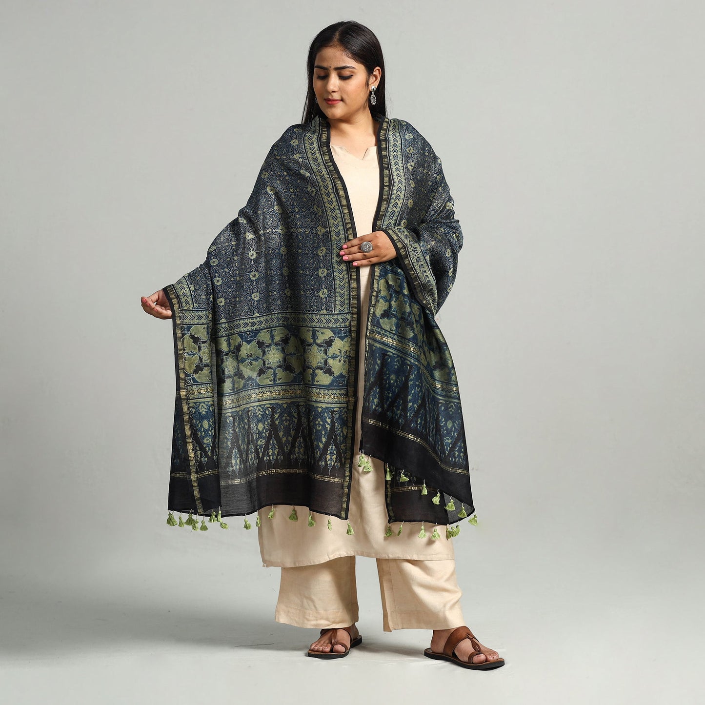 Blue - Block Printed Chanderi Silk Handloom Ajrakh Dupatta 15