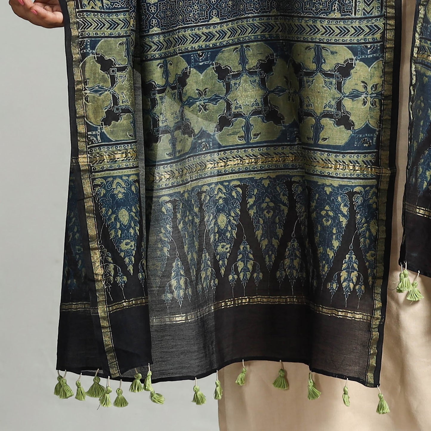 Blue - Block Printed Chanderi Silk Handloom Ajrakh Dupatta 15