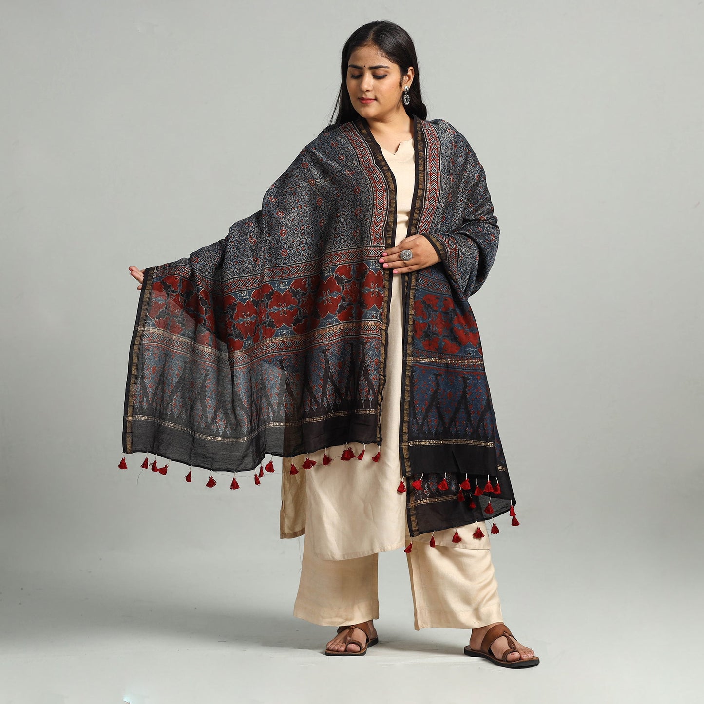 Blue - Block Print Chanderi Silk Handloom Ajrakh Dupatta 23