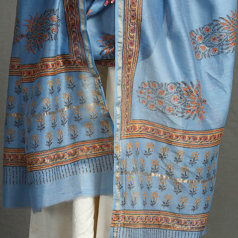 Buy Block Printed Chanderi Silk Sanganeri Dupatta