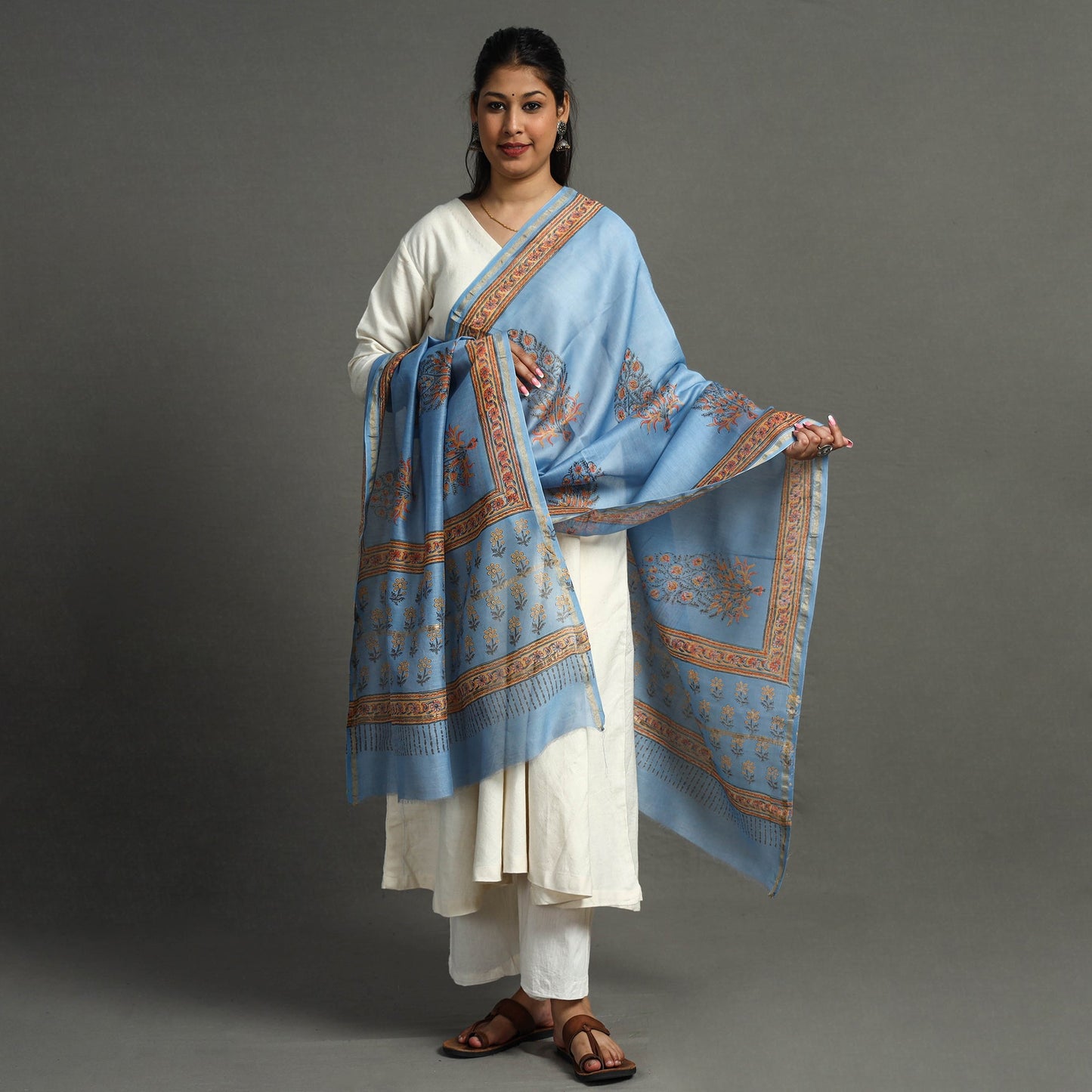Buy Block Printed Chanderi Silk Sanganeri Dupatta