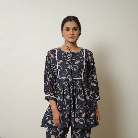  Blue Block Print Cotton Bagru Co-Ord Set with Lace Work 