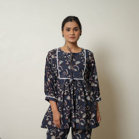  Blue Block Print Cotton Bagru Co-Ord Set with Lace Work 