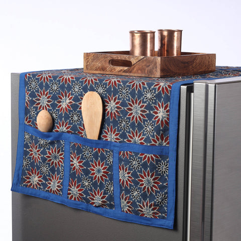 Blue Ajrakh Block Printed Cotton Fridge Top Cover with Pockets