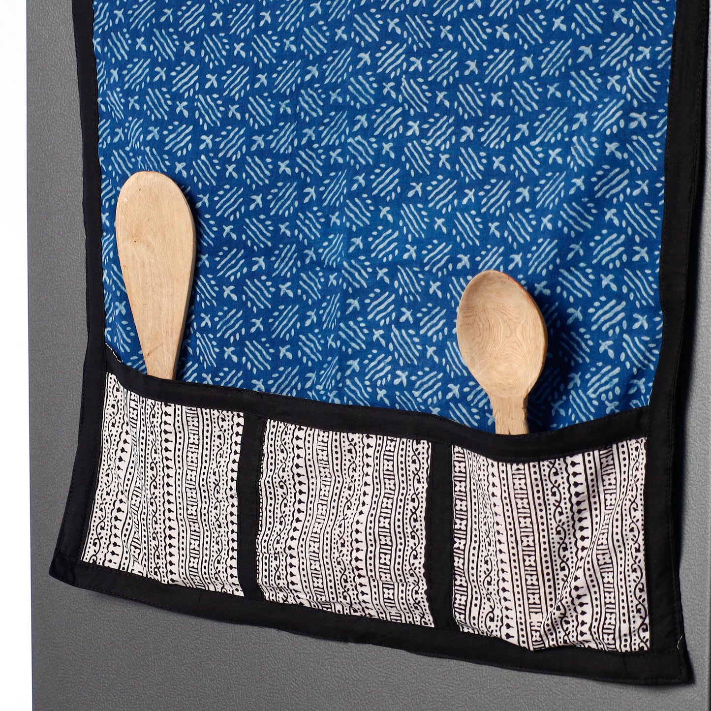 Blue Block Printed Cotton Fridge Top Cover with Multiple Pockets