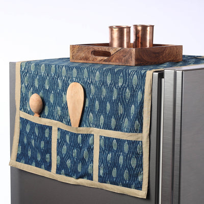 Blue Ajrakh Block Printed Cotton Fridge Top Cover with Pockets