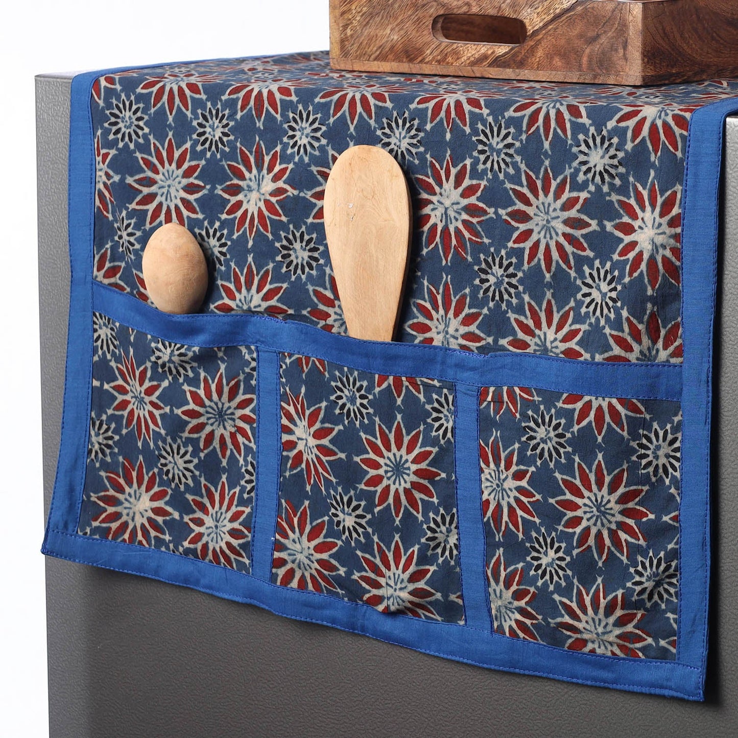 Blue Ajrakh Block Printed Cotton Fridge Top Cover with Pockets