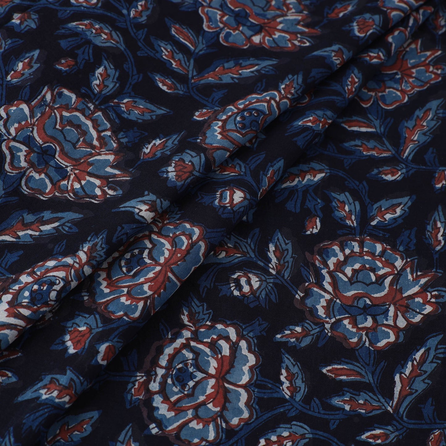 Blue Block Printed Cotton Jahota Fabric