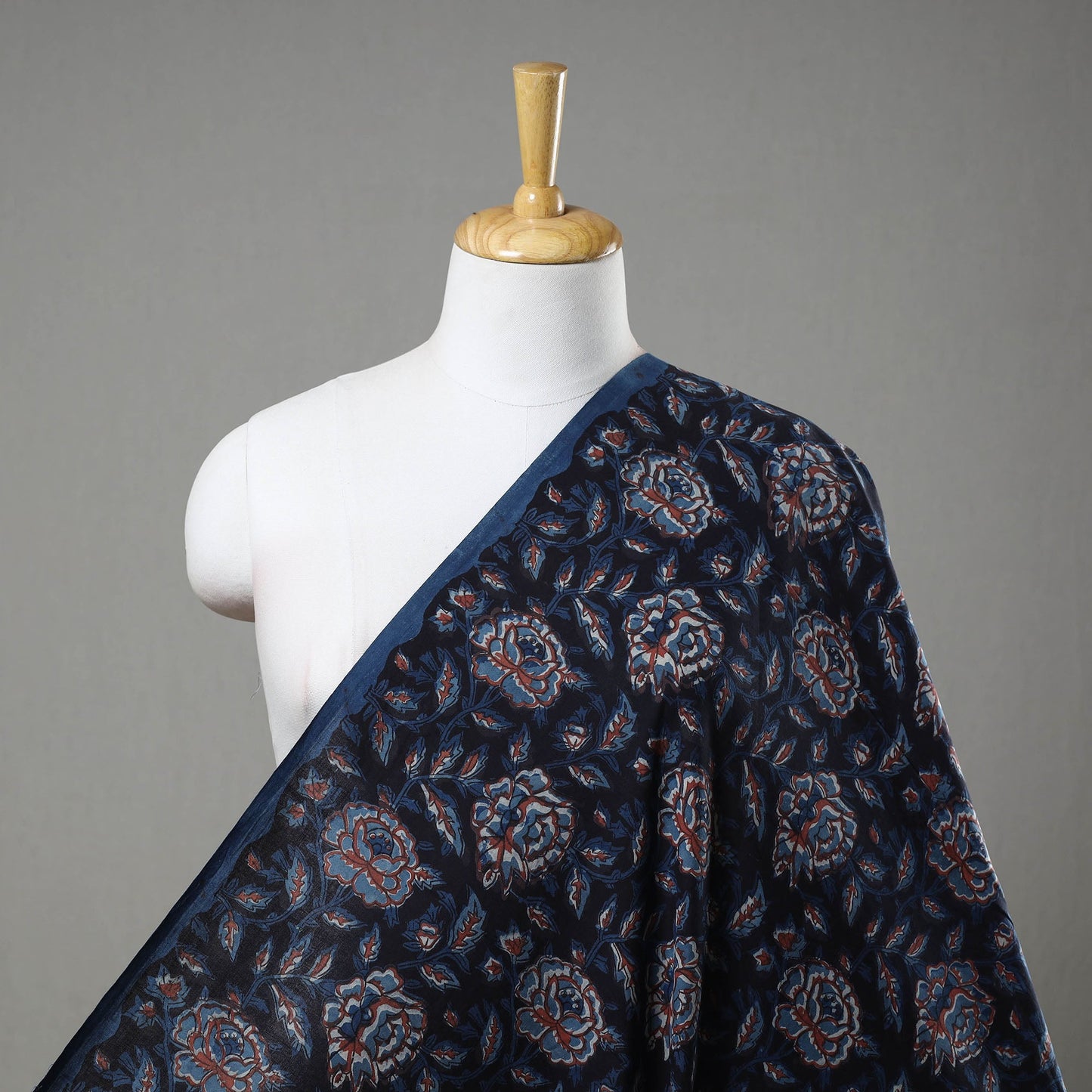 Blue Block Printed Cotton Jahota Fabric