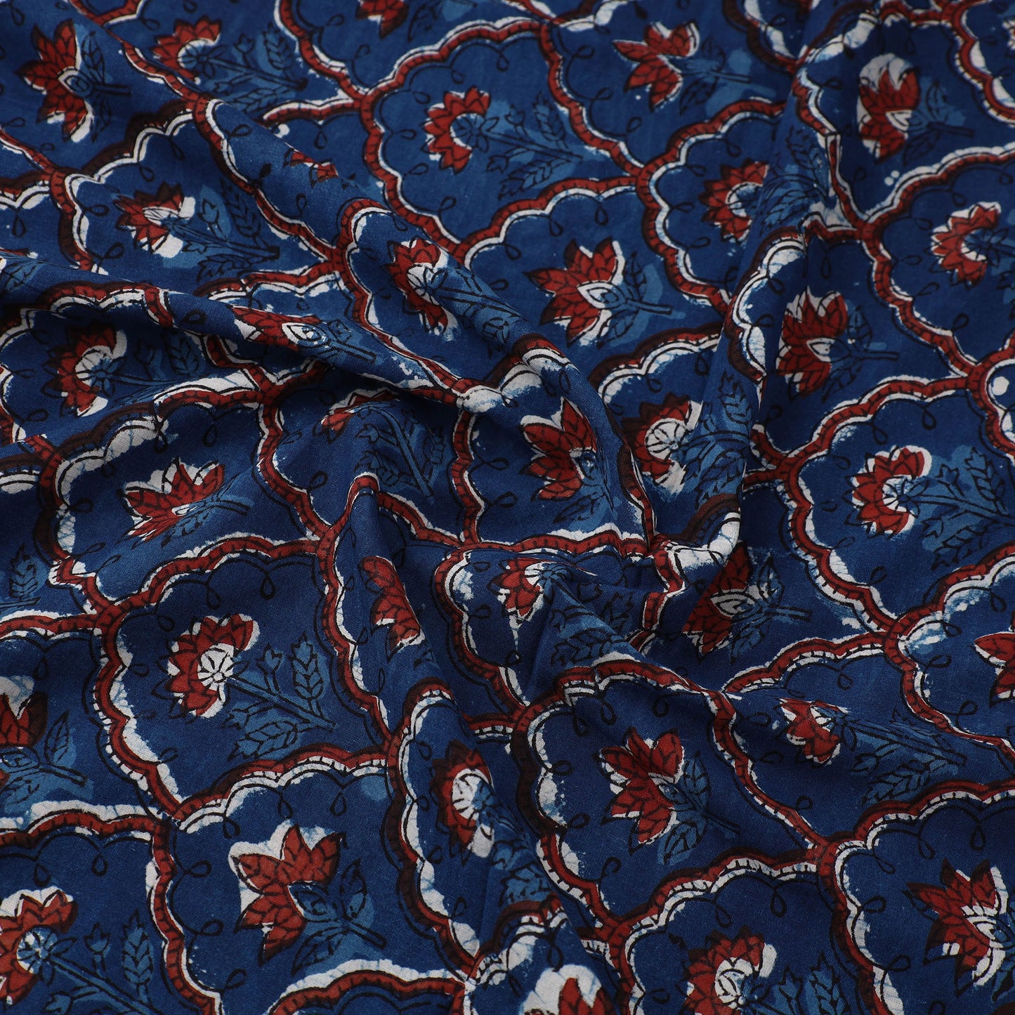 Blue Block Printed Cotton Jahota Fabric