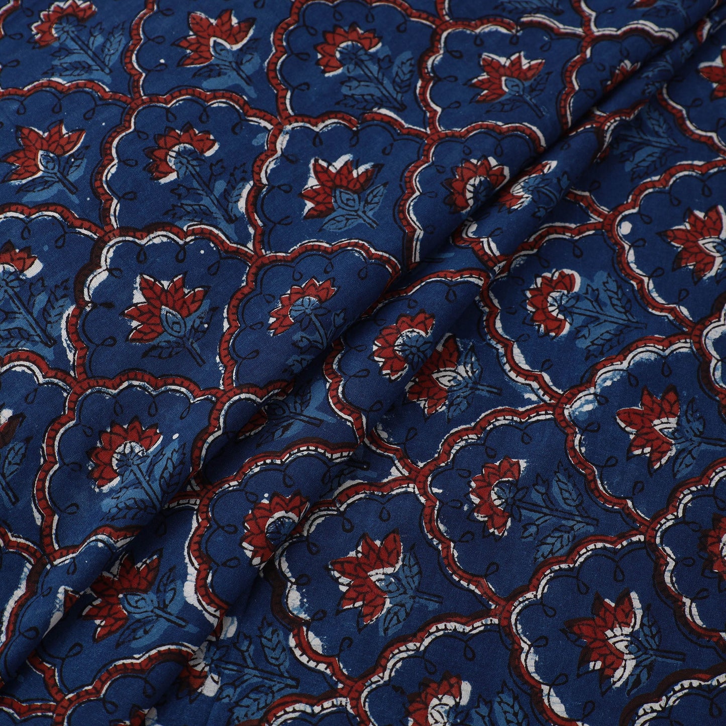 Blue Block Printed Cotton Jahota Fabric
