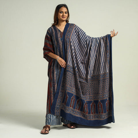  Ajrakh Kaftan with Palazzo & Dupatta Set
