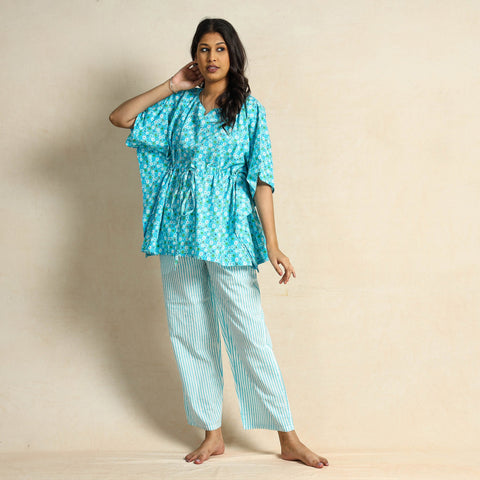 Blue Block Printed Cotton Kaftan Pyjama Night Suit Set