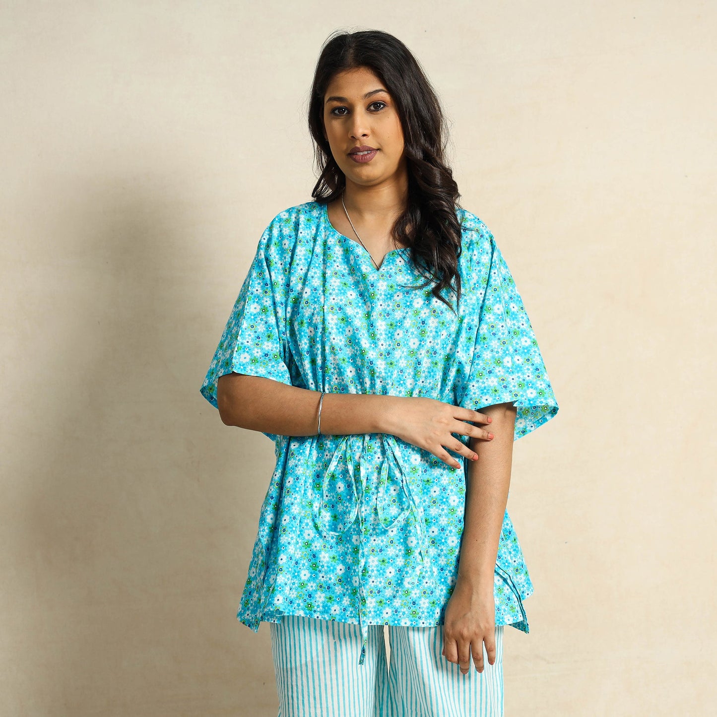 Blue Block Printed Cotton Kaftan Pyjama Night Suit Set