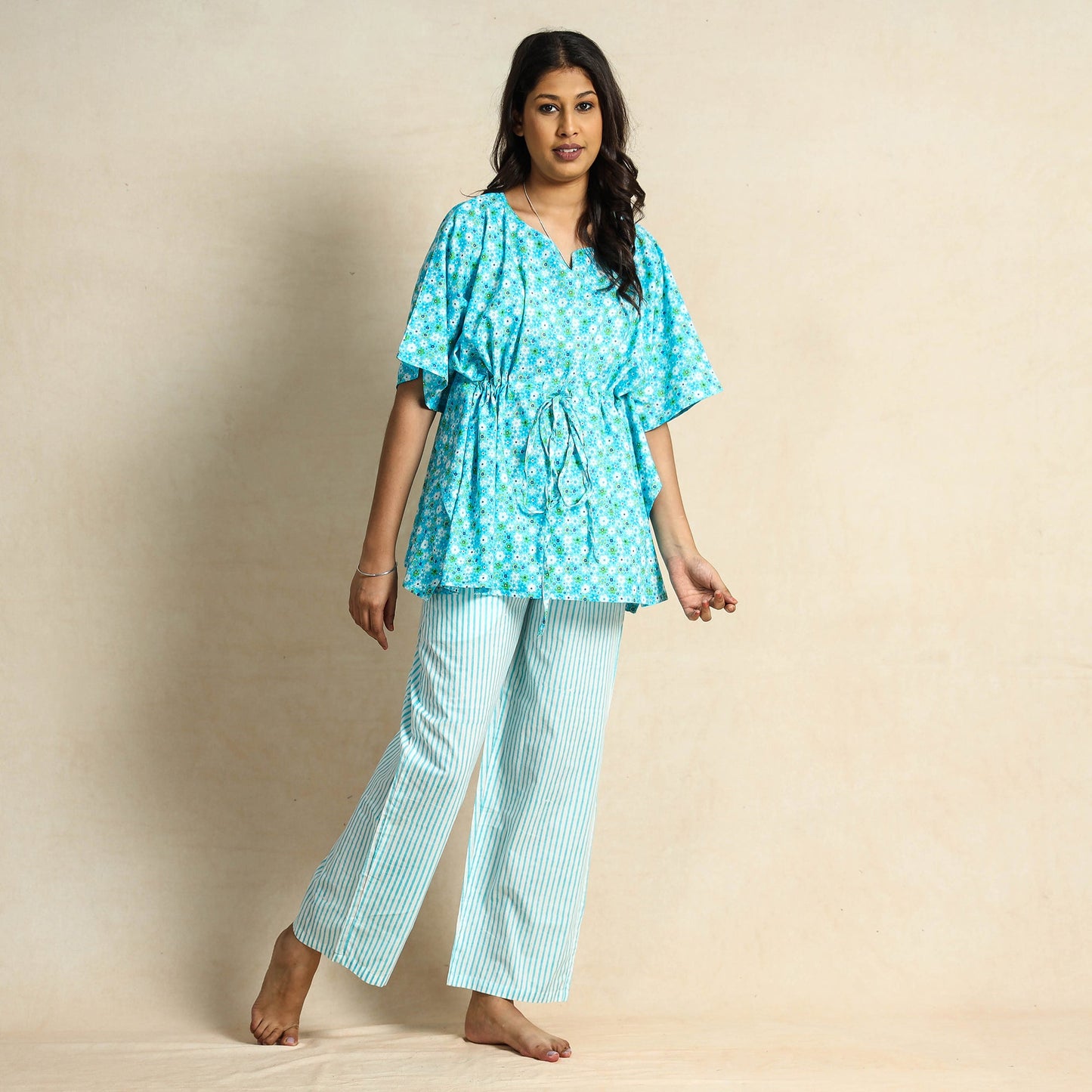 Blue Block Printed Cotton Kaftan Pyjama Night Suit Set