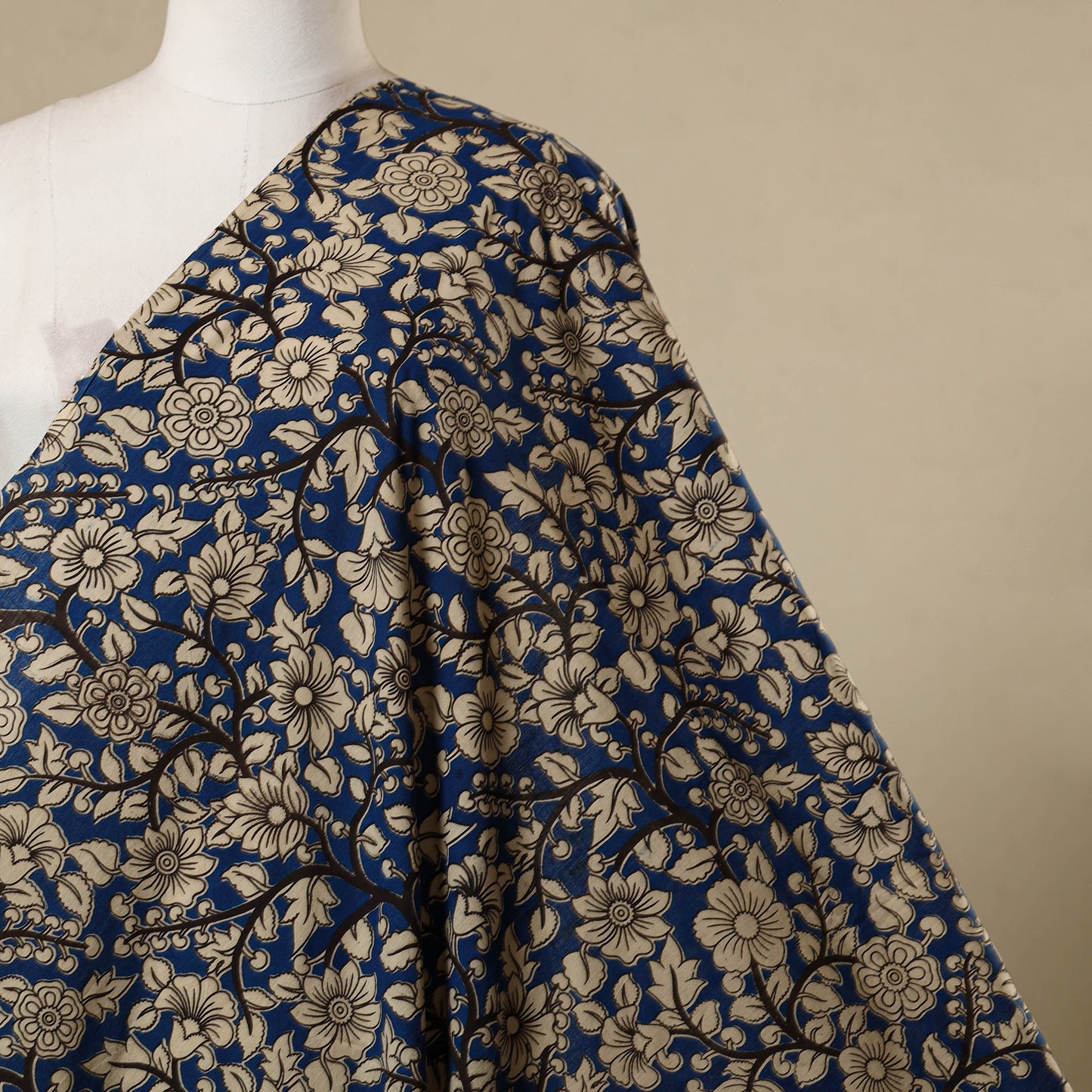 Blue - printed cotton kalamkari fabric 08 - handcrafted
