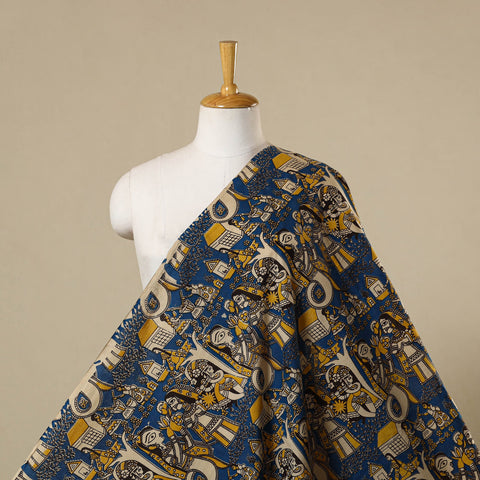 Blue - printed cotton kalamkari fabric 15 - handcrafted