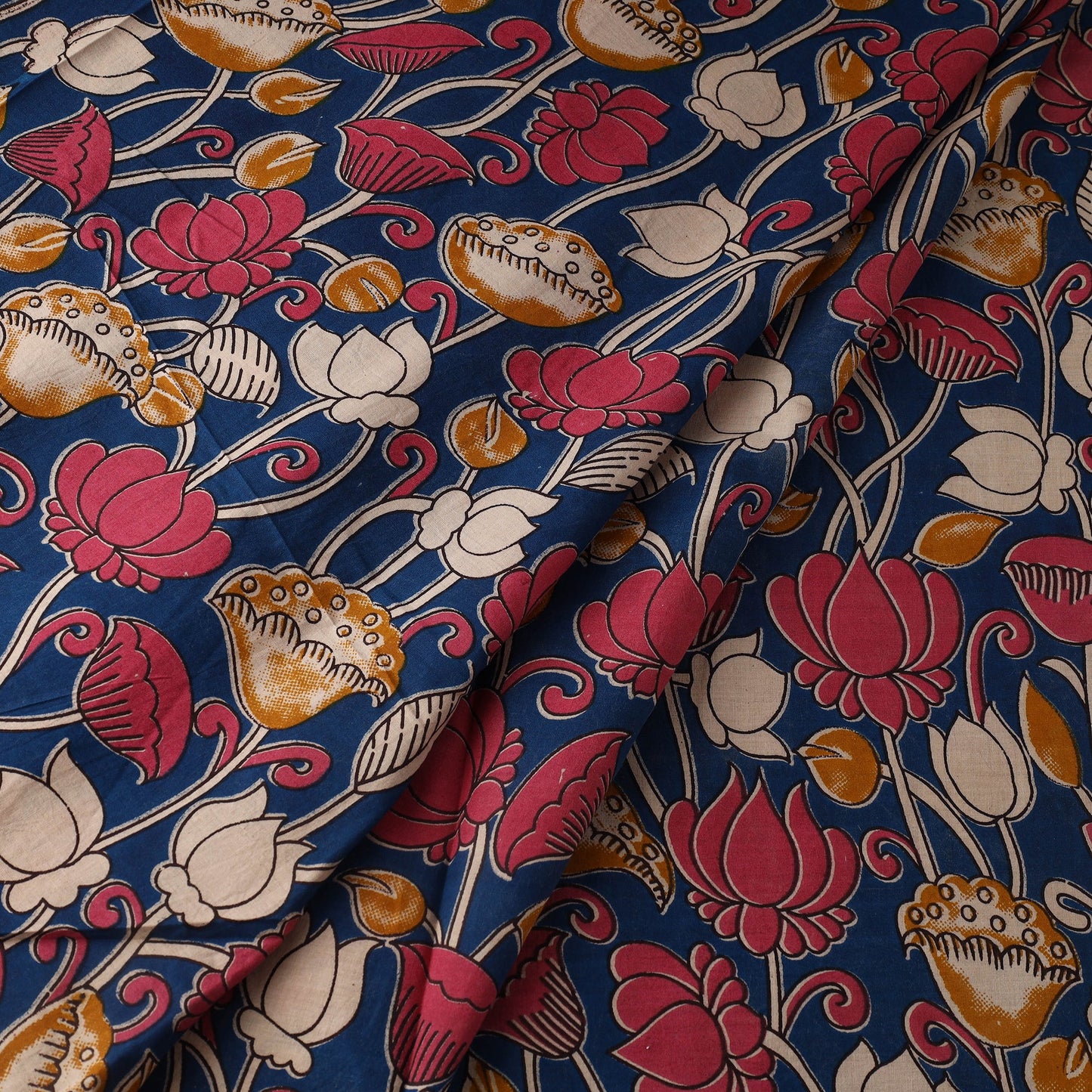Blue Printed Cotton Kalamkari Fabric