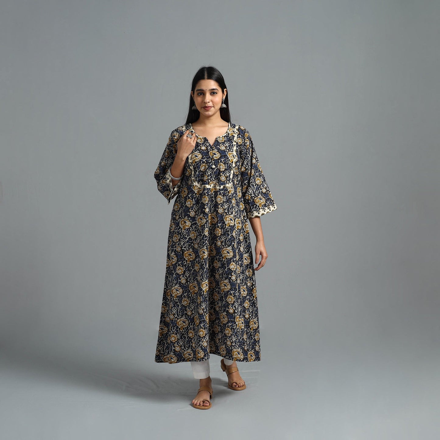 Buy Blue Block Printed Cotton A-Line Bagru Kurta
