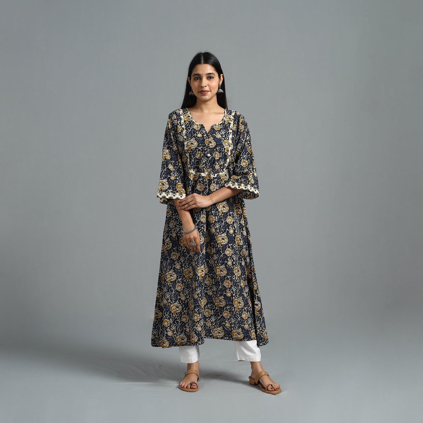 Buy Blue Block Printed Cotton A-Line Bagru Kurta