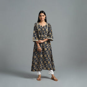 Buy Blue Block Printed Cotton A-Line Bagru Kurta