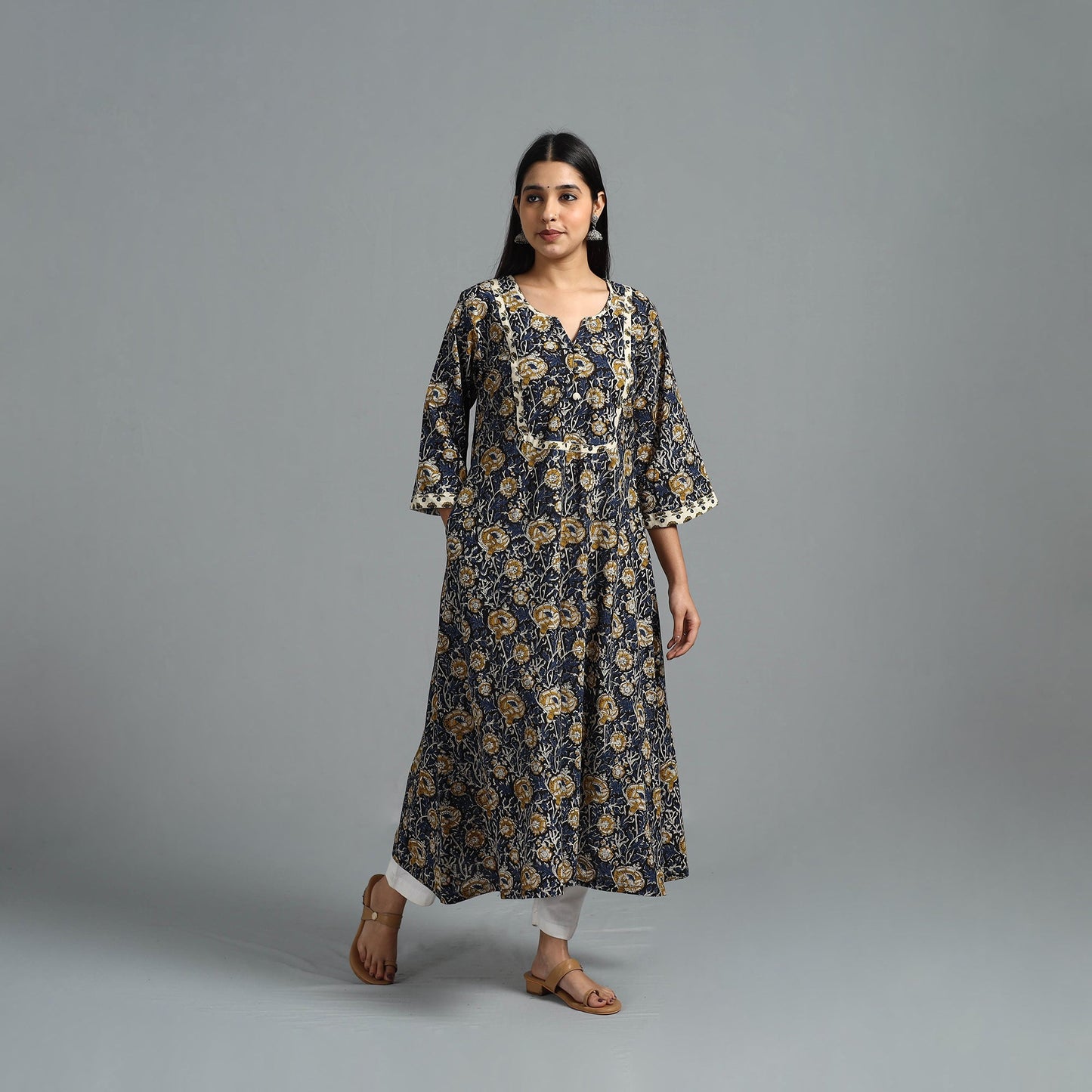 Buy Blue Block Printed Cotton A-Line Bagru Kurta