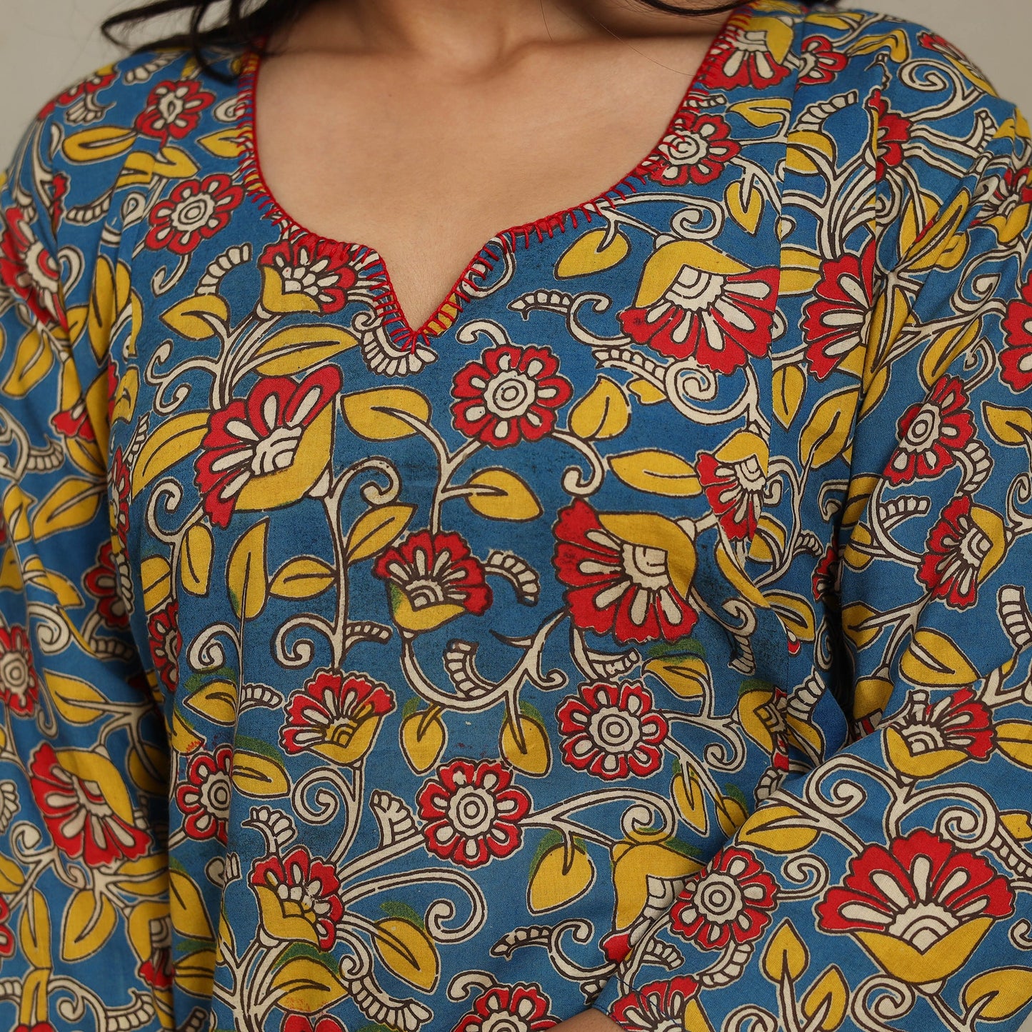 Blue Printed Cotton A-Line Kalamkari Kurta with Embroidery