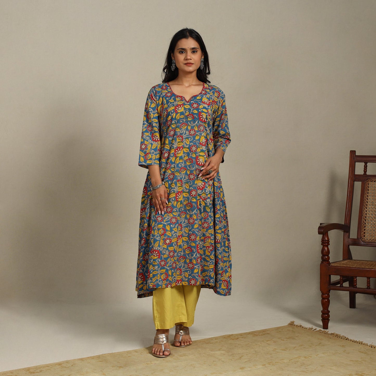 Blue Printed Cotton A-Line Kalamkari Kurta with Embroidery