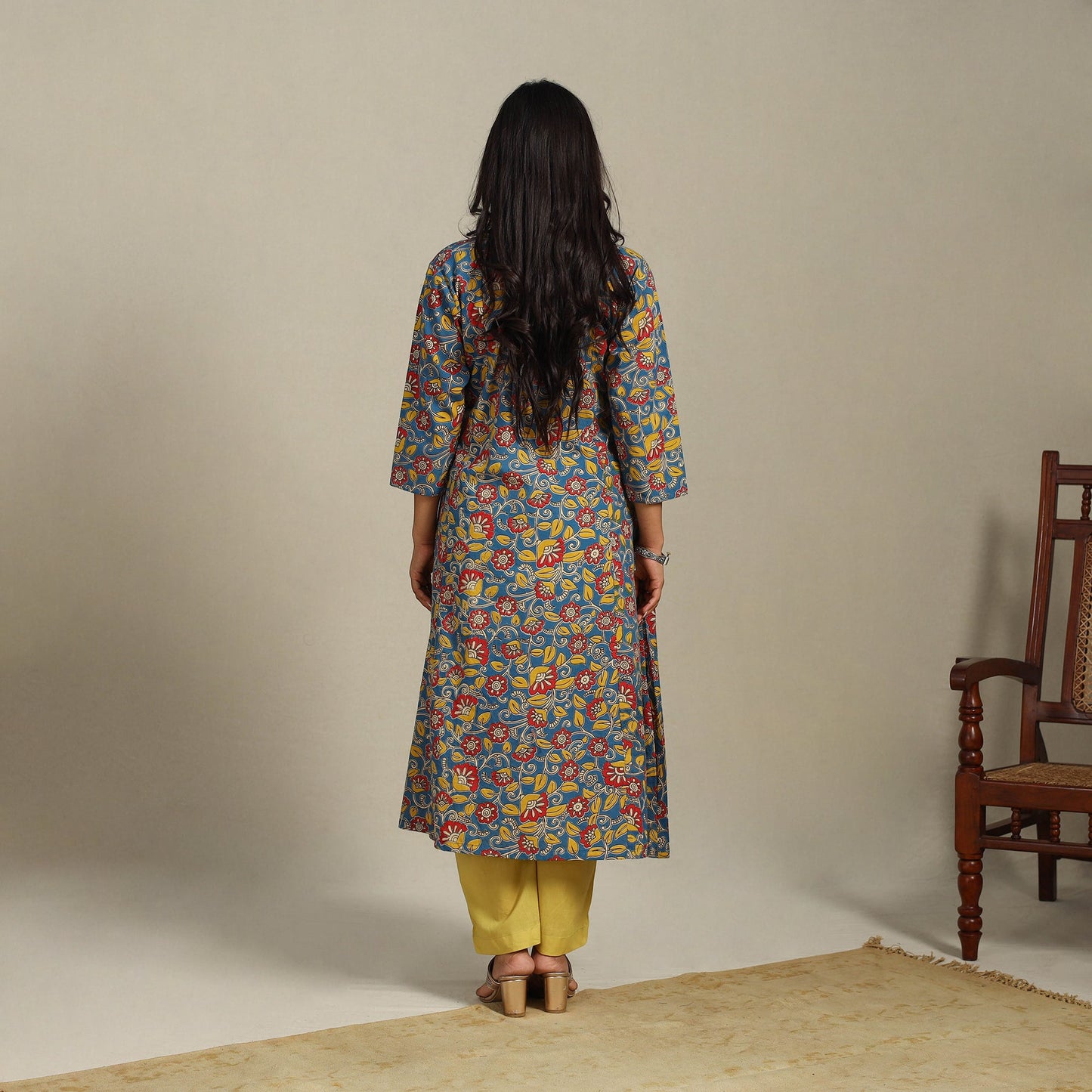 Blue Printed Cotton A-Line Kalamkari Kurta with Embroidery
