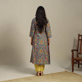 Blue Printed Cotton A-Line Kalamkari Kurta with Embroidery