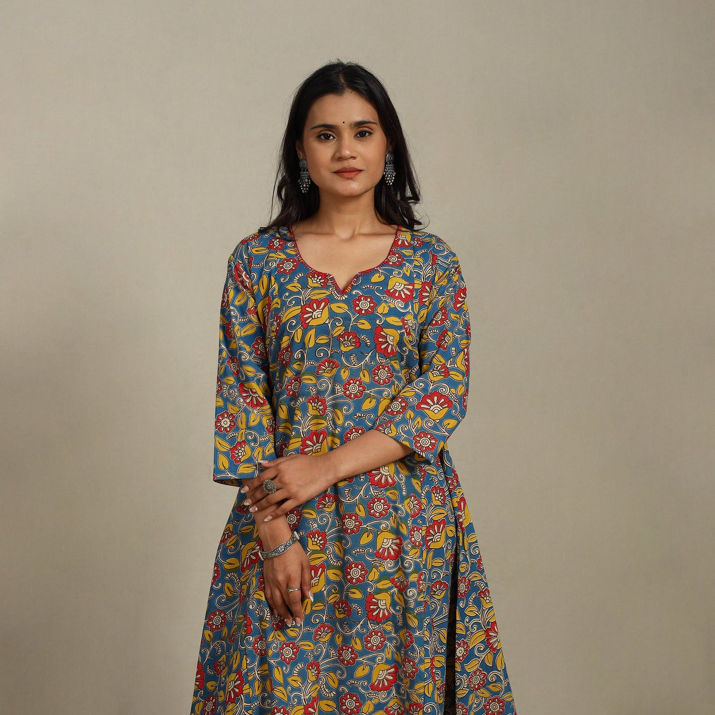 Blue Printed Cotton A-Line Kalamkari Kurta with Embroidery