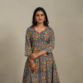 Blue Printed Cotton A-Line Kalamkari Kurta with Embroidery