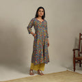 Blue Printed Cotton A-Line Kalamkari Kurta with Embroidery