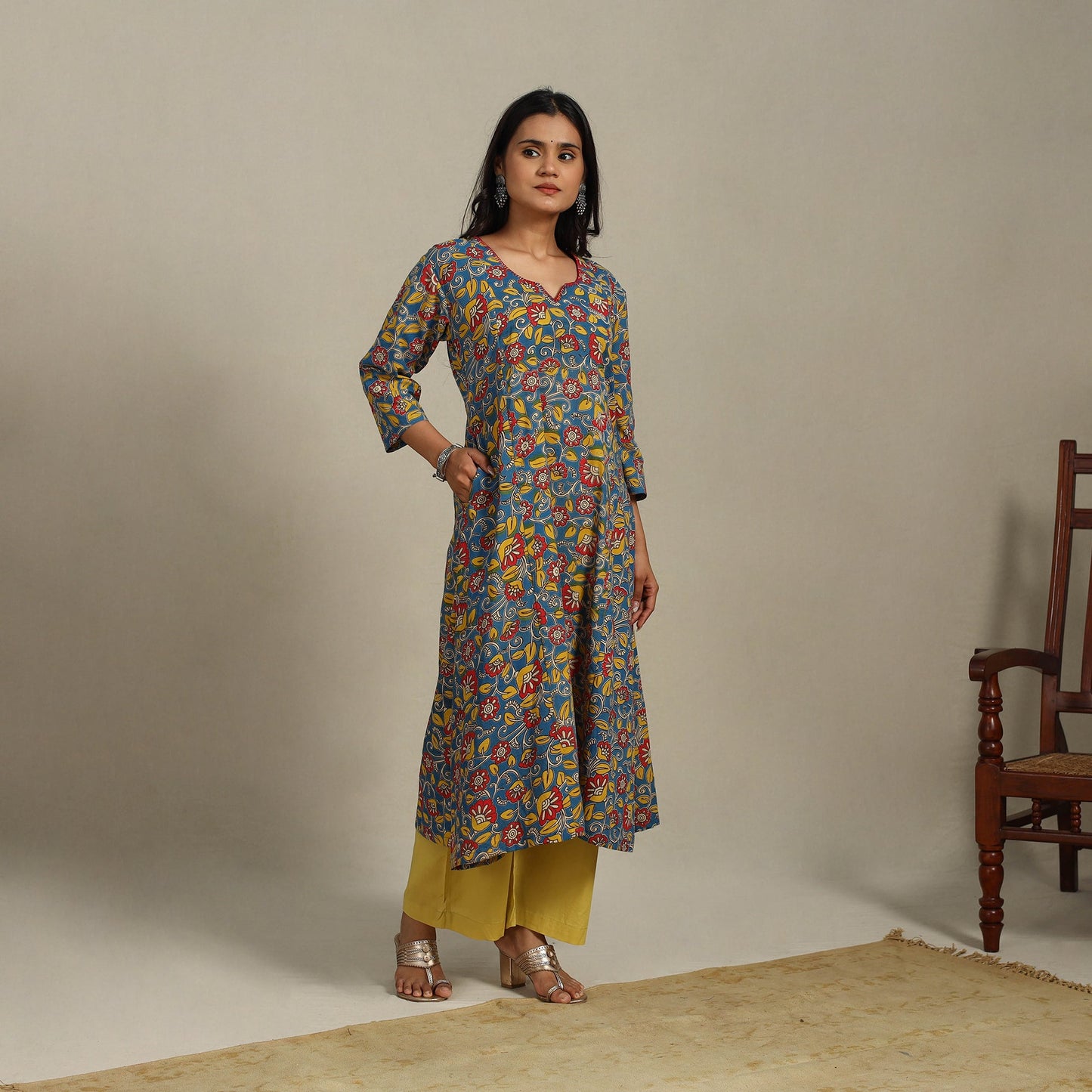Blue Printed Cotton A-Line Kalamkari Kurta with Embroidery